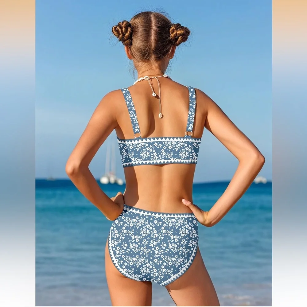 KANGKANG Girls Bikini Set, Size 10-12 Solid Color V-Neck Teen SuitW/chest pads - Picture 3 of 6